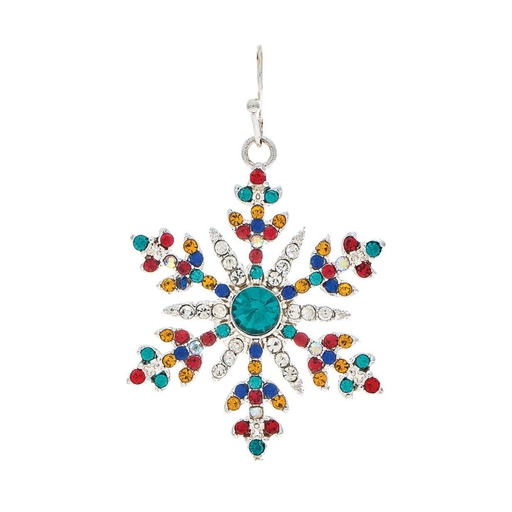 A snowflake-shaped silver-toned jewelry charm decorated with red, blue, orange, and green rhinestones, featuring a large teal gemstone in the center and a silver hook at the top, shown on a plain white background.