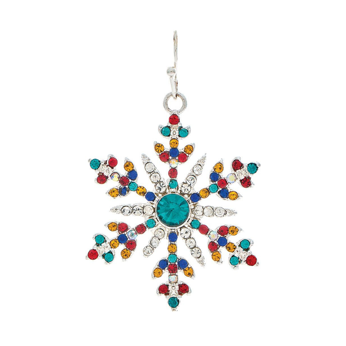 A snowflake-shaped silver-toned jewelry charm decorated with red, blue, orange, and green rhinestones, featuring a large teal gemstone in the center and a silver hook at the top, shown on a plain white background.