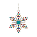 A snowflake-shaped silver-toned jewelry charm decorated with red, blue, orange, and green rhinestones, featuring a large teal gemstone in the center and a silver hook at the top, shown on a plain white background.