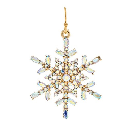 A gold snowflake-shaped dangle earring embellished with iridescent AB rhinestones and a small blue stone at the center, shown on a plain white background.
