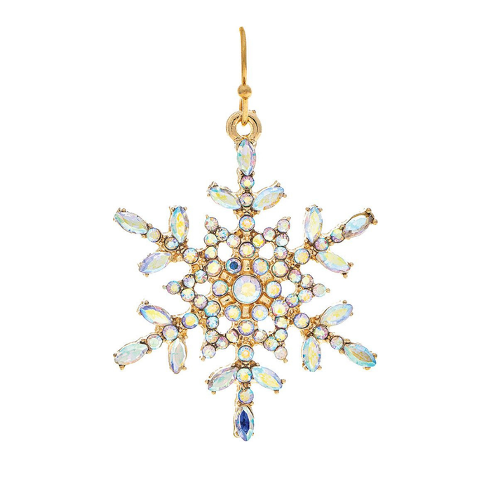 A gold snowflake-shaped dangle earring embellished with iridescent AB rhinestones and a small blue stone at the center, shown on a plain white background.