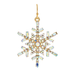 A gold snowflake-shaped dangle earring embellished with iridescent AB rhinestones and a small blue stone at the center, shown on a plain white background.