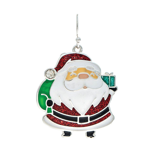 A festive Christmas Santa Claus pendant charm with a silver-tone metal base, featuring red glitter details on the hat and coat, white enamel for the beard and face, green accents on the hat and gift, and small black details.