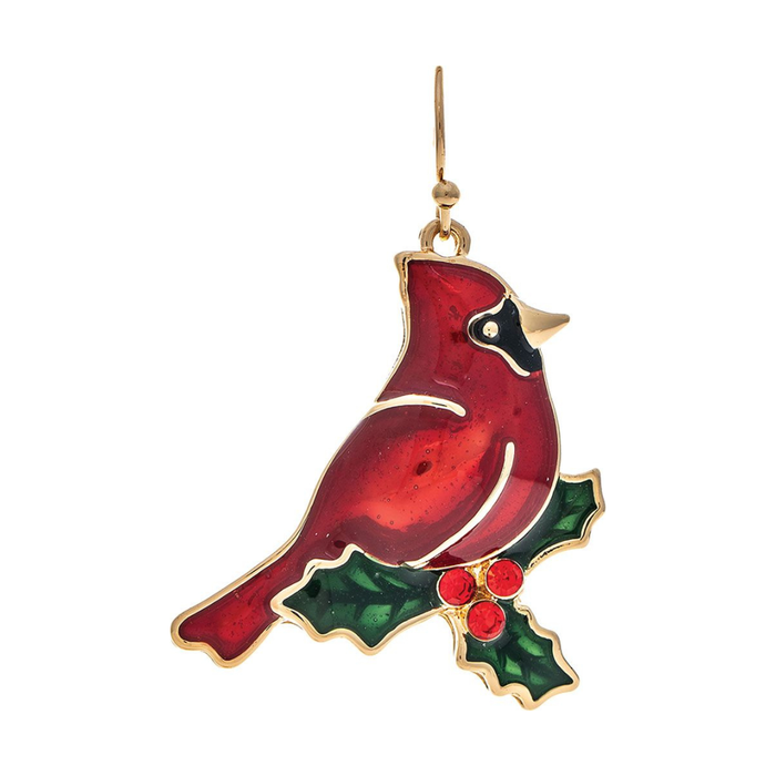 Gold Red Cardinal on Holly Branch Enamel Earring