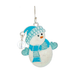 A snowman-shaped dangling earring charm with a silver-tone fishhook wire. The charm features a white glittery body, a light blue hat, scarf, and mittens, and small black and orange facial details.