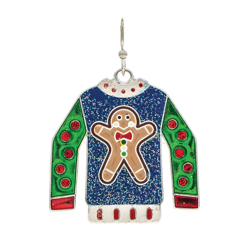 A Christmas earring shaped like a sweater, featuring a blue glittery body with a gingerbread man in the center, green sleeves with red circular details, and a silver-tone hanging loop at the top.