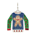 A Christmas earring shaped like a sweater, featuring a blue glittery body with a gingerbread man in the center, green sleeves with red circular details, and a silver-tone hanging loop at the top.