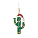 A single dangling earring shaped like a green cactus wearing a red Santa hat, with small holiday lights in red, white, and green, shown on a plain white background.