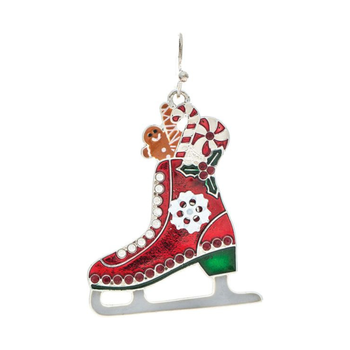 Silver Red Treat Filled Holiday Snowflake Ice Skate Enamel Earring

