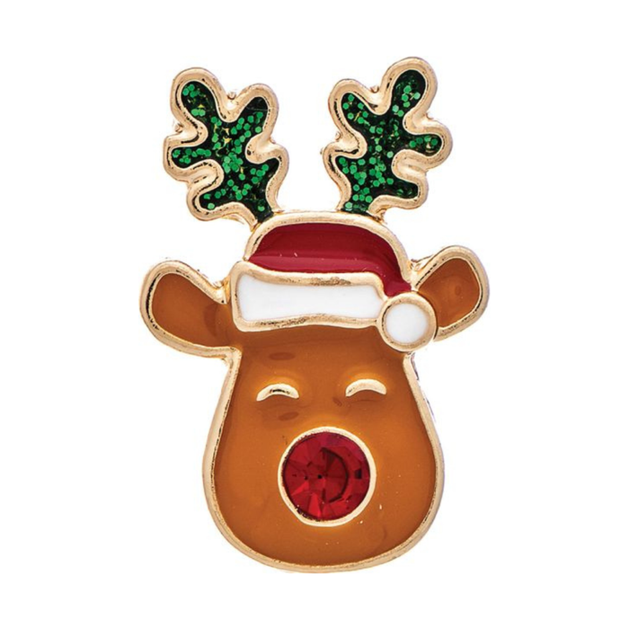 Gold Rudolph Red Nose Reindeer Green Antler Enamel Post Earring