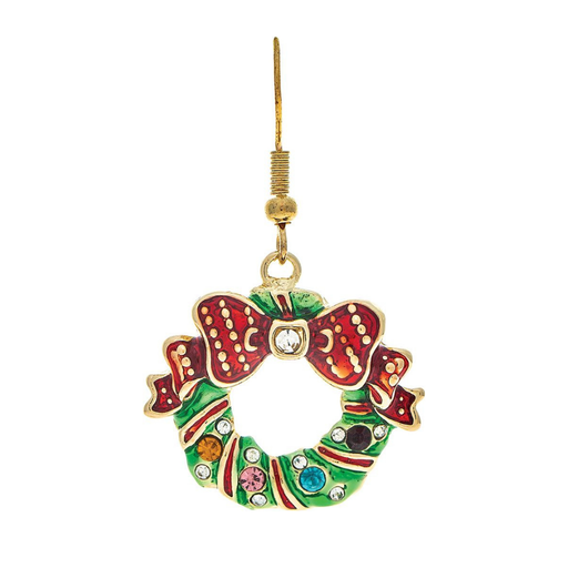 A single dangling earring shaped like a Christmas wreath, featuring red and green enamel detailing, a red bow with gold dots, and clear rhinestones, suspended from a gold fishhook wire.