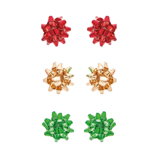 Three pairs of festive Christmas bow earrings in red, gold, and green on a white background