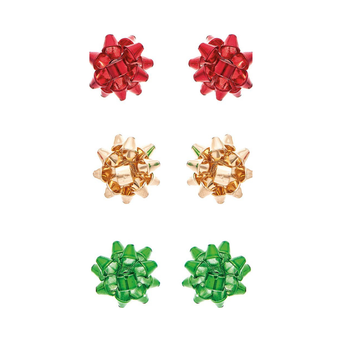 Three pairs of festive Christmas bow earrings in red, gold, and green on a white background
