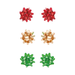 Three pairs of festive Christmas bow earrings in red, gold, and green on a white background