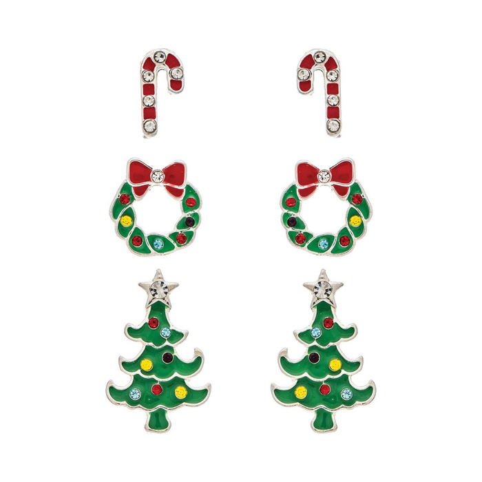 Silver Candy Cane Wreath and Christmas Tree Enamel Three Piece Post Earring Set