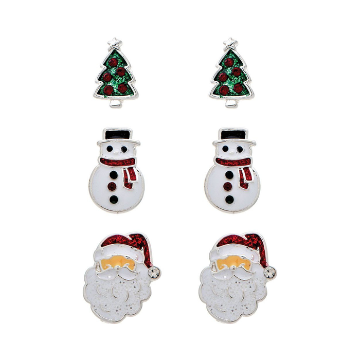 Silver Christmas Tree Snowman Santa Enamel Three Piece Post Earring Set
