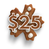 Gingerbread cookie shaped like a snowflake with marshmallows and the number $25 on a white background