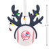 A Yankee baseball Christmas ornament with dark gray reindeer antlers, hanging white ribbon, and multicolor string lights, shown on a white background with a 4.5-inch height measurement marker.