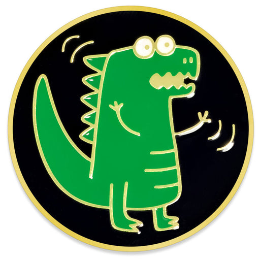 Green dinosaur illustration on a black background with a gold border