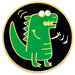 Green dinosaur illustration on a black background with a gold border