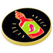 A round enamel pin featuring a stylized hot sauce bottle with a red body, green label, pink chili pepper, and a gold-tone border on a black background.