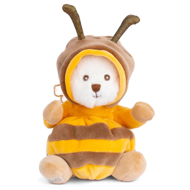 Plush toy bear wearing a bee costume on a white background