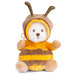 Plush toy bear wearing a bee costume on a white background