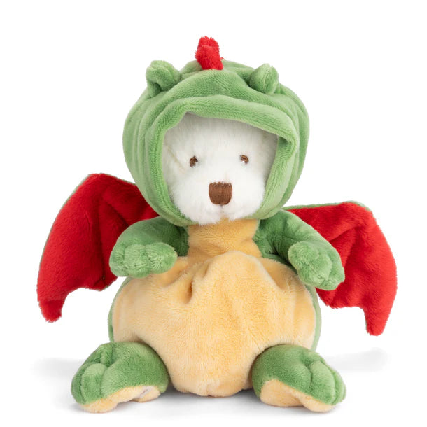 Plush toy resembling a dragon with green hood, red wings, and yellow body on a white background