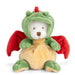 Plush toy resembling a dragon with green hood, red wings, and yellow body on a white background