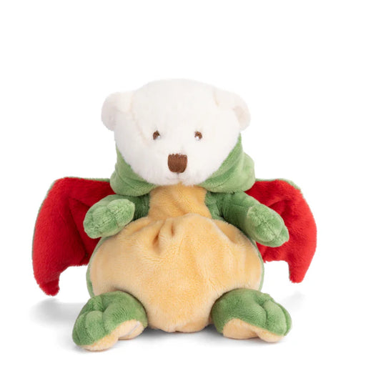 Plush toy bear with dragon wings and tail on a white background