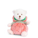 Plush toy bear holding a watermelon on a white background