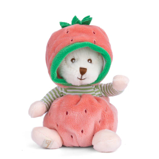 Plush toy bear wearing a strawberry costume on a white background