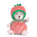 Plush toy bear wearing a strawberry costume on a white background