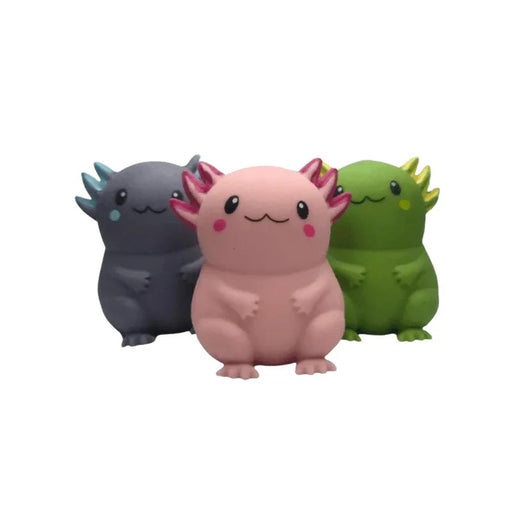 Three colorful axolotl figurines on a white background