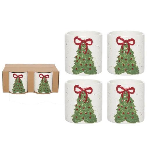Set of four Christmas-themed cups with tree and bow design on a white background