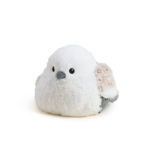 Plush toy bird with white body and brown wings on a white background