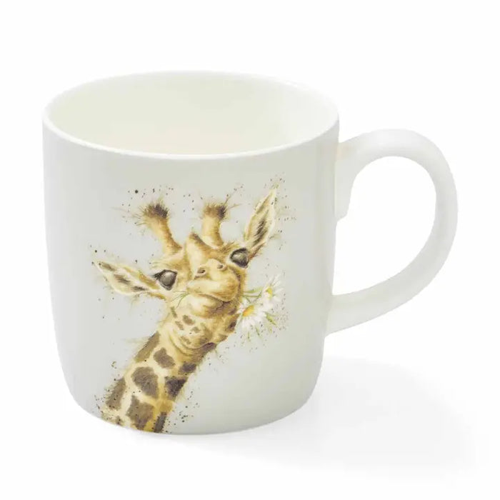 White mug with a giraffe design on a white background