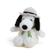 Plush toy of a dog wearing a hat and scarf on a white background