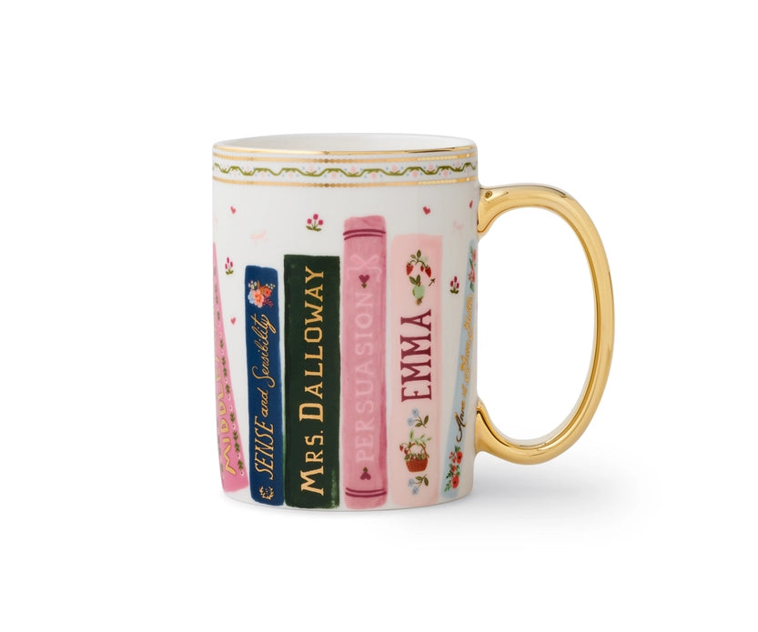Mug with book design and text on a white background