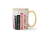 Mug with book design and text on a white background