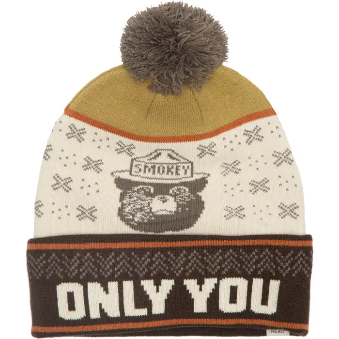 Knitted beanie with Smokey Bear design and 'Only You' text on a white background