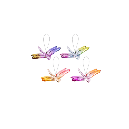 Four colorful dragonfly-shaped ornaments on a white background