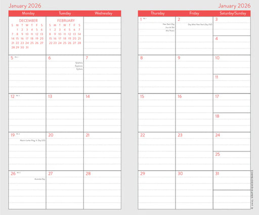 Two calendar pages for January 2026 with red borders and grid layout.
