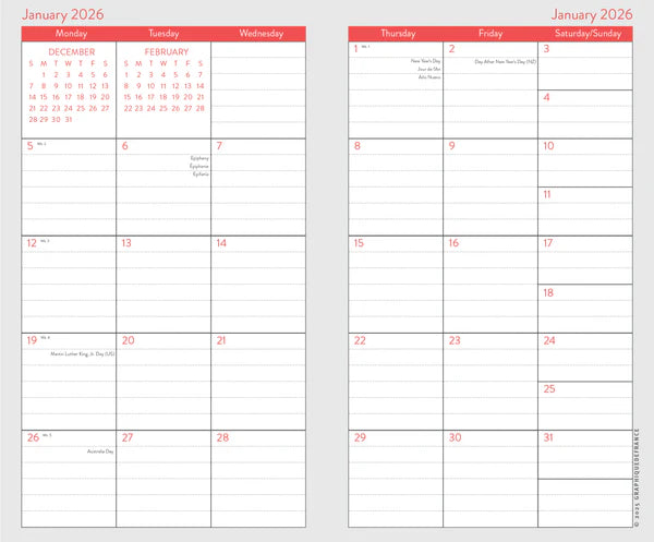 Two calendar pages for January 2026 with red borders and grid layout.
