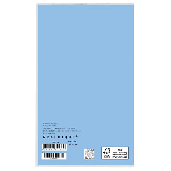 Back cover of a notebook with a blue background and Graphique branding.