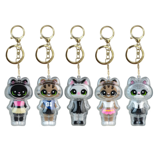 Five cat-shaped keychains with different color schemes on a white background