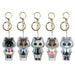 Five cat-shaped keychains with different color schemes on a white background