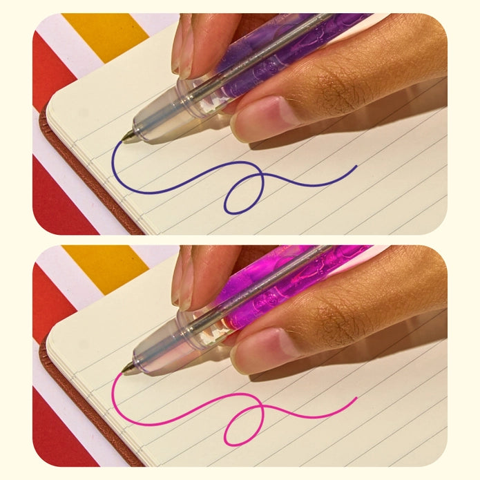 Pen writing on lined paper with colorful background