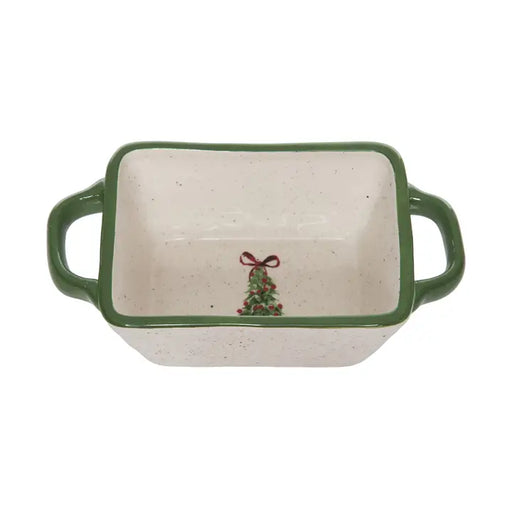 Rectangular ceramic dish with green handles and a Christmas tree design on a white background