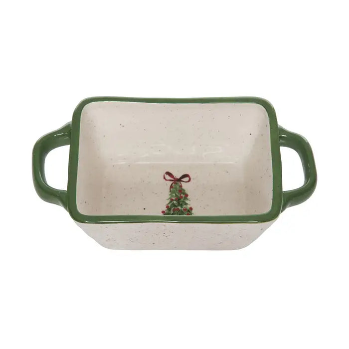 Rectangular ceramic dish with green handles and a Christmas tree design on a white background